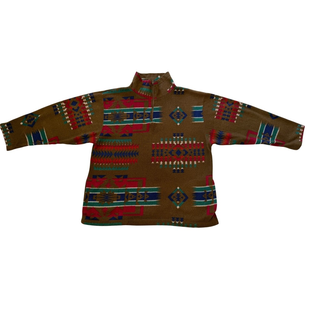 Vintage Denim Express Southwestern Fleece Quarter Zip Pullover Brown Large